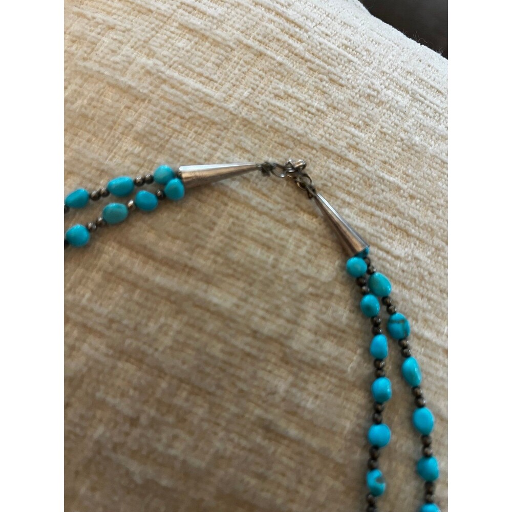 Vintage Genuine Turquoise Sterling Silver 2 strand bead necklace Native American - Picture 4 of 11